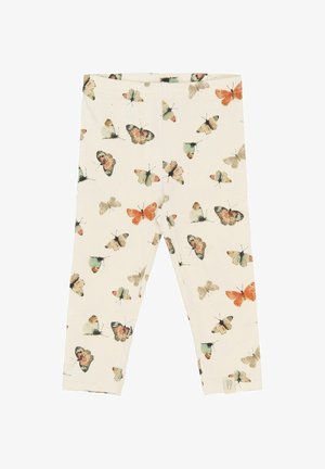 Butterfly-patterned leggings made from light fabric. Features various butterflies in shades of orange, green, and beige against a cream background.