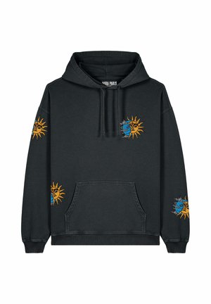 Felpa nera con grafiche del sole e della luna multicolori in giallo e blu, dotata di tasca frontale e cappuccio con coulisse.