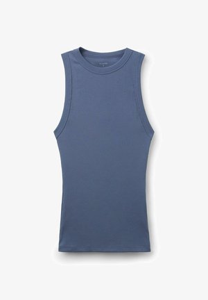 Blaues geripptes Tanktop mit rundem Ausschnitt und ärmellosem Design. Der Stoff ist glatt und hat eine figurbetonte Silhouette.
