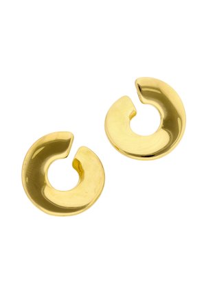 Pari kiiltäviä kultaisia paksuja renkaskorvakoruja, joissa on sileä, pyöreä pinta ja avoin, sirpin muotoinen muoto.