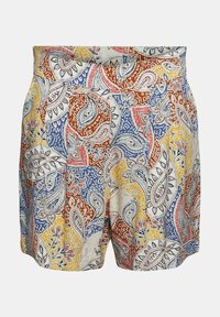 Pantalones cortos con patrón colorido que presentan diseños de cachemira en azul, amarillo, rojo y blanco. Hechos de tela ligera con un ajuste holgado.