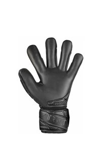 Schwarze Torwarthandschuhe mit geschwungener Form, strukturiertem Griff und verstärktem Handgelenkband. Mit Branding im Handgelenkbereich.