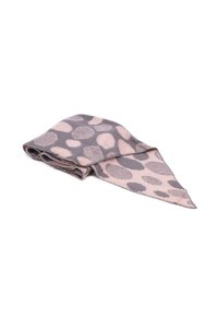 Sciarpa marrone e rosa con motivo, realizzata in tessuto morbido. Presenta un design distintivo con forme variabili e una punta affusolata. Piegata ordinatamente.