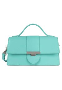 Una borsa in pelle verde menta con un design strutturato, manico superiore, tracolla rimovibile e accessori in argento lucido.