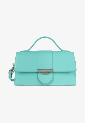 Un sac à main en cuir vert menthe avec un design structuré, une poignée supérieure, une bandoulière amovible, et des accessoires en argent brillant.