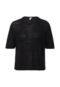 Pull en mailles noir à manches courtes avec un col rond classique, coupe décontractée et motif texturé. Matériau léger au design casual.