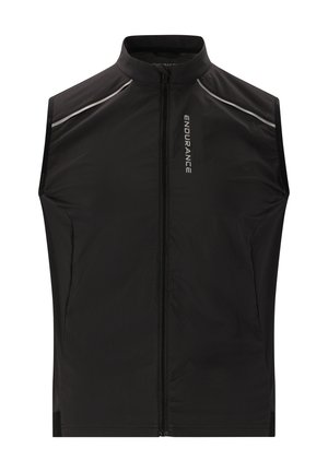 Black sleeveless vest made of lightweight material, featuring a high collar, front zipper, and reflective accents on the shoulders.