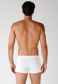 Boxer briefs bianchi in cotone con una morbida cintura elastica, design aderente e gambe corte, mostrati su un torso nudo visto da dietro.