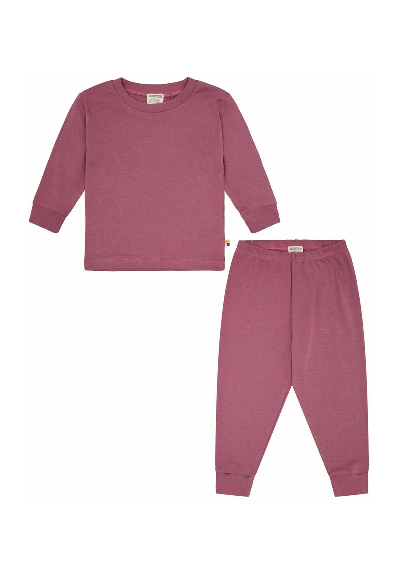 Set van een langemouwen shirt en broek van zacht, mauve katoen. Heeft een ronde halslijn, ribgebreide manchetten en een elastische tailleband voor comfort.