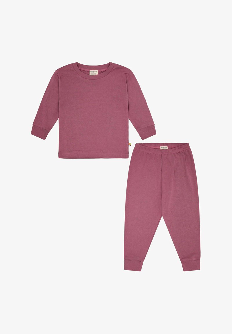 Set van een langemouwen shirt en broek van zacht, mauve katoen. Heeft een ronde halslijn, ribgebreide manchetten en een elastische tailleband voor comfort.