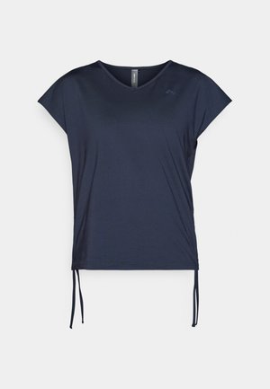 Chemise bleu marine à manches courtes et en V, avec des liens latéraux ajustables et un petit logo près de l'épaule gauche.