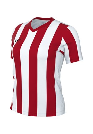 Rot-weiß gestreiftes kurzärmeliges Sporttrikot mit V-Ausschnitt und schwarzem Nike-Logo auf der Brust.