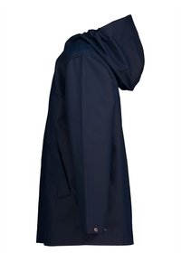 Veste imperméable bleu marine avec capuche, manches longues, poches latérales et poignets à boutons-pression, vue de côté.