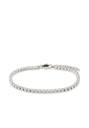 Silver tennis bracelet with square settings holding clear round gemstones and a lobster clasp with adjustable chain.