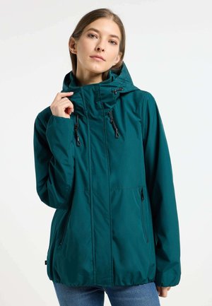Tarnfarbene Kapuzenjacke mit einem Frontreißverschluss, verstellbaren Kordeln und zwei Seitentaschen; aus glattem, wasserabweisendem Material gefertigt.