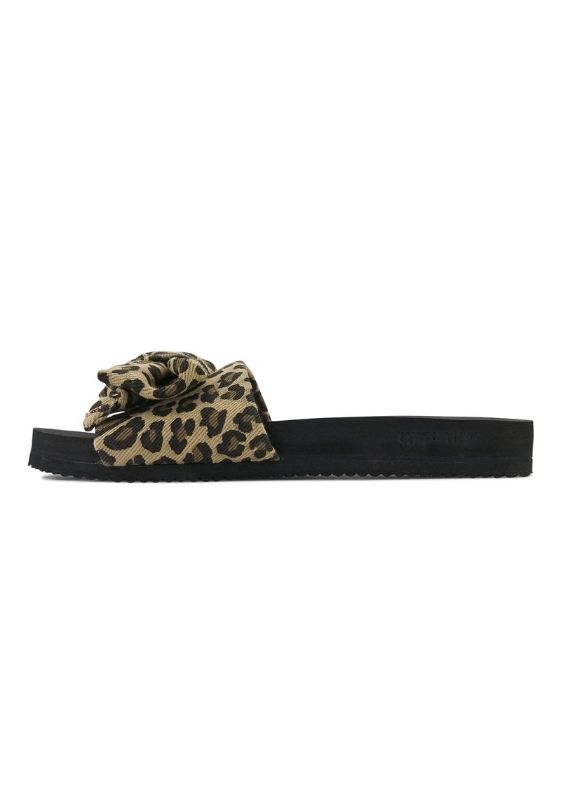 Leopard print slide sandals feature a textured fabric strap with a bow detail, set on a black rubber sole with a ridged pattern.