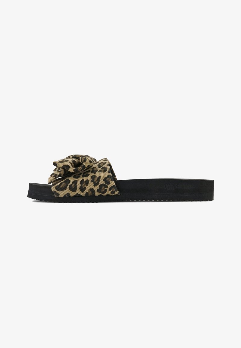 Leopard print slide sandals feature a textured fabric strap with a bow detail, set on a black rubber sole with a ridged pattern.