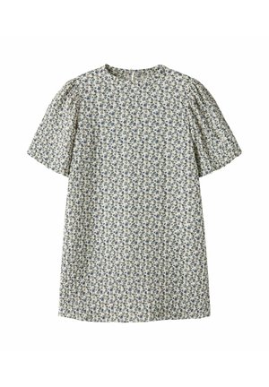 Robe à manches courtes, longueur genou, avec un motif floral bleu et blanc et un col rond sur un fond uni.