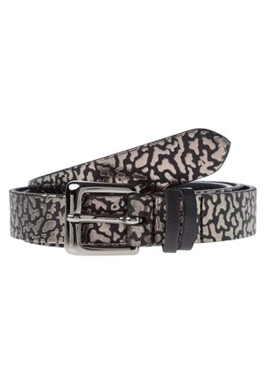 Ceinture en cuir noire et argentée à motifs avec une boucle rectangulaire en métal argenté et deux passants en cuir noir.