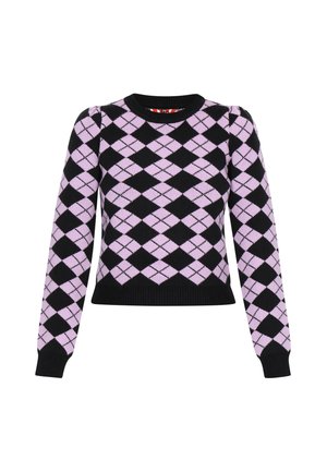 Zwarte en lila argyle gebreide trui met lange mouwen en een ronde halslijn. Geribbelde manchetten en zoom, cropped ontwerp, met diagonale patronen.