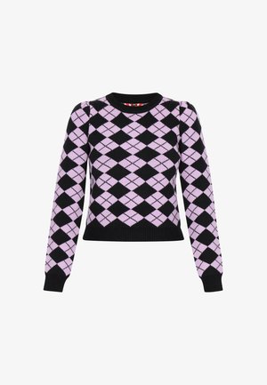 Sort og lavendel argyle striktrøje med lange ærmer og rund halsudskæring. Ribstrikkede manchetter og bund, cropped design med diagonale mønstre.