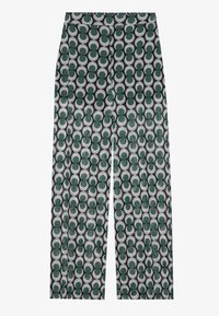 Patterned wide-leg trousers featuring a green and white circular design on a black background, with a smooth texture and a tailored fit.