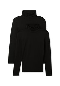 Dwa czarne swetry w serek wyeksponowane. Oba mają długie rękawy, gładką fakturę i dopasowany krój, przy czym jeden jest mniejszy od drugiego.