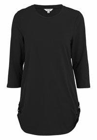 Schwarzes Langarmshirt aus glattem Stoff, mit rundem Ausschnitt und seitlichen Raffungen sowie dekorativen Hardware-Details.