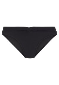 Juodas bikini apatinis trikotažas, pagamintas iš elastingo audinio. Turėtų platų juosmenį su subtiliu siuvimu, vidutinio aukščio kirpimą ir lygią tekstūrą.