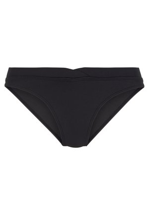 Czarne majtki bikini wykonane z elastycznego materiału. Posiadają szeroki pasek w subtelnym szwie, średniej wysokości krój oraz gładką teksturę.