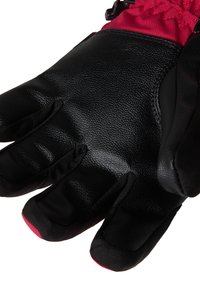 Crne rukavice od teksturiranog sintetičkog materijala s ružičastim detaljima. Imaju prilagođeni dizajn za zapešće i jastučiće na vrhovima prstiju za bolji hvatanje.