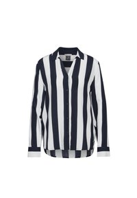 Hemd mit Knöpfen, das vertikale navyblaue und weiße Streifen hat, lange Ärmel, einen Kragen und einen leicht geschwungenen Saum. Hergestellt aus leichtem Stoff.