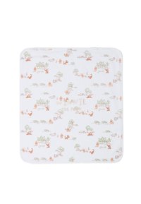 Cotton blanket with a white background featuring pastel illustrations of forest scenes, animals, and trees. "Winnie the Pooh" text is included.