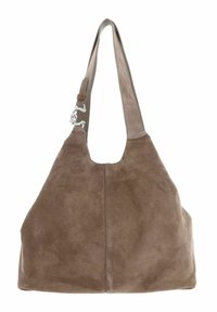 Braune Wildleder-Schultertasche mit einem breiten Riemen, runder Form und silbernen Hardware-Details. Weiche Textur und minimale Nähedetails.