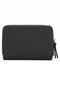 Portafoglio in pelle nera perforata con chiusura a zip, forma rettangolare e dettaglio a frange laterali. Superficie testurizzata con piccoli fori.