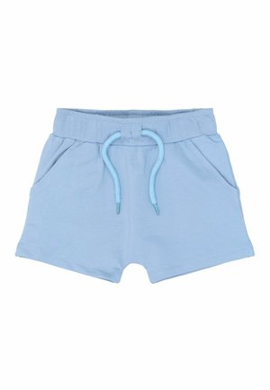 Hele sinised lühikesed püksid, mis on valmistatud pehmest kangast, elastse vöörihma ja reguleeritava nööriga; varustatud kahe eest taskuga ja äärestatud viimistlusega.