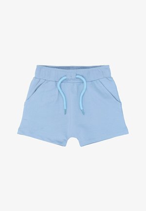 Lyseblå shorts lavet af blødt stof med elastisk talje og justerbar snøre; har to forlommer og en afsluttet kant.