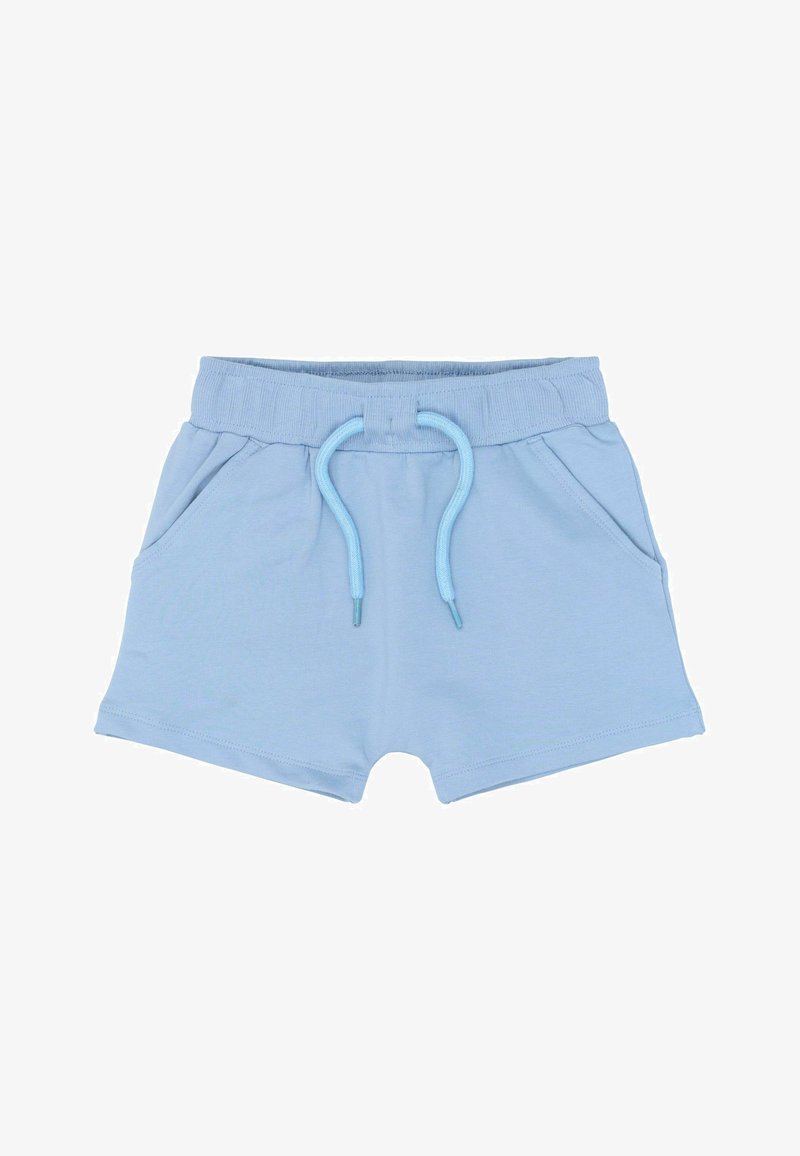 Shorts bleu clair en tissu doux avec une taille élastique et un cordon de serrage ajustable ; ils disposent de deux poches frontales et d'un ourlet fini.