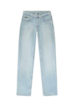 Lichtblauwe denim jeans met een rechte pijpdesign, vervaagde gebieden, vijf zakken en een knopenrijsluiting. De stof is zacht met een klassieke textuur.
