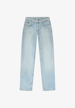 Lichtblauwe denim jeans met een rechte pijpdesign, vervaagde gebieden, vijf zakken en een knopenrijsluiting. De stof is zacht met een klassieke textuur.