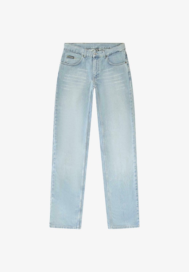 Lichtblauwe denim jeans met een rechte pijpdesign, vervaagde gebieden, vijf zakken en een knopenrijsluiting. De stof is zacht met een klassieke textuur.