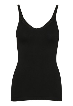 Črna brezrokavnik s krojem v obliki črke V, narejena iz mehkega, raztegljivega materiala. Ima minimalne šive in ozek kroj. Brez vidnih vzorcev ali okrasnih elementov.