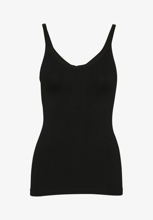 Črna brezrokavnik s krojem v obliki črke V, narejena iz mehkega, raztegljivega materiala. Ima minimalne šive in ozek kroj. Brez vidnih vzorcev ali okrasnih elementov.