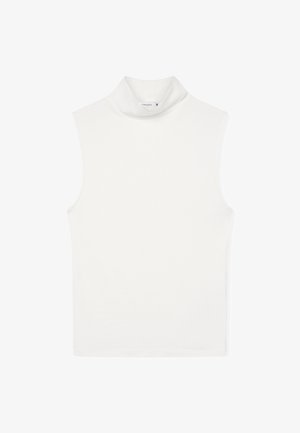 Biała kamizelka bez rękawów z małą metką wewnątrz kołnierza, rozmiar mały.