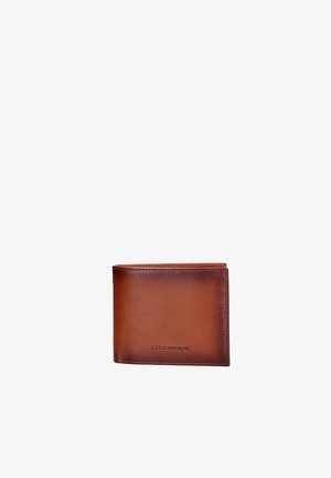 Brown leather bifold wallet with subtle embossed brand logo on front, shown closed against a white background.