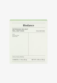 Pudełko Biodance Odświeżającej Maseczki z Trawą Morską w białym kolorze z jasnorozowym wieczkiem. Zawiera 4 płatki na twarz, łącznie 4,80 oz, z dokładnym opisem składników.