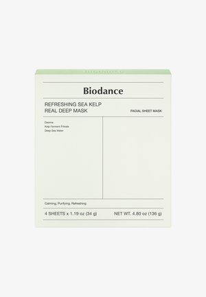 Scatola Biodance Refreshing Sea Kelp Real Deep Mask di colore bianco con un tappo verde chiaro. Contiene 4 maschere facciali in tessuto, per un totale di 4,80 oz, con ingredienti dettagliati.