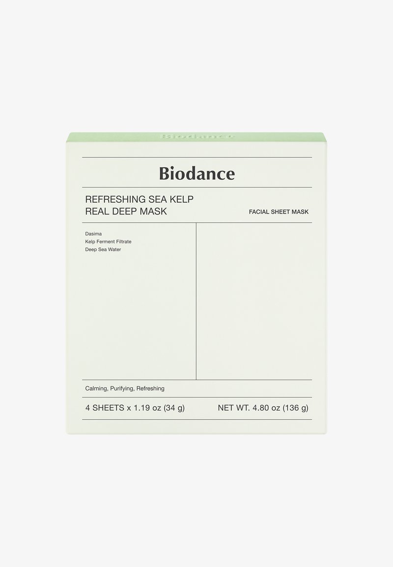 Biodance Verfrissende Zeewier Real Deep Mask doos in het wit met een lichtgroene top. Bevat 4 gezichtsmaskers van eenmalig gebruik, totaal 136 g, met gedetailleerde ingrediënten.