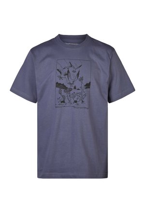 Short-sleeve, round-neck t-shirt in dark blue fabric featuring a black graphic design with animals and plants printed on the front.