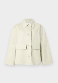 Light beige short jacket made of sturdy fabric, featuring a spread collar, front button closure, and two large front pockets.